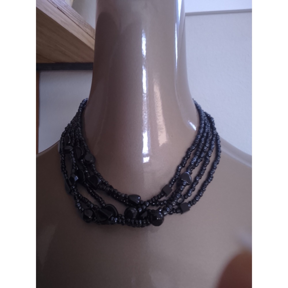 Black Multi Strand Beaded Statement Necklace Geometric Teardrop, Heart Accents